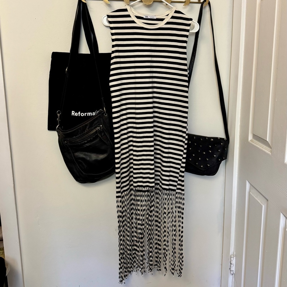 Zara Black White Striped Fringe Midi Dress Size S